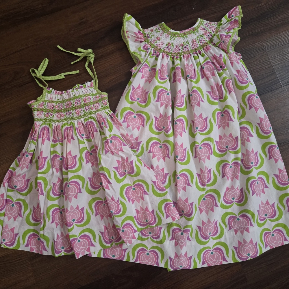 Matching Pink and Green Sister Dresses